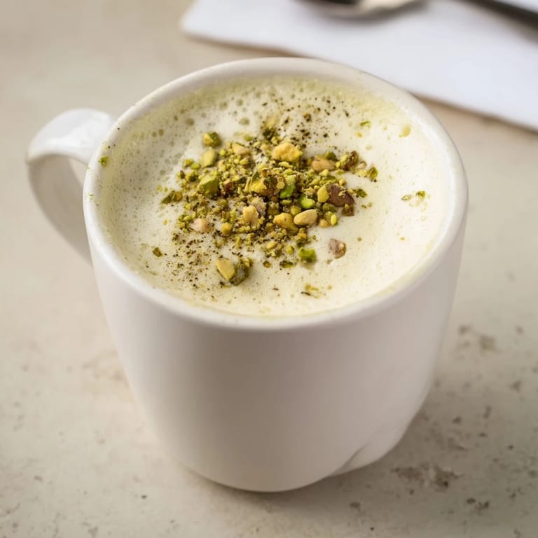 Homemade pistachio milk latte showcasing vibrant green hues and rich flavors.  