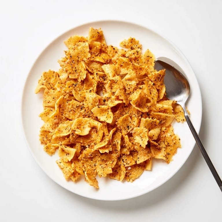 Savory seasoned pasta chips piled high, perfect for enjoying with your favorite dip.