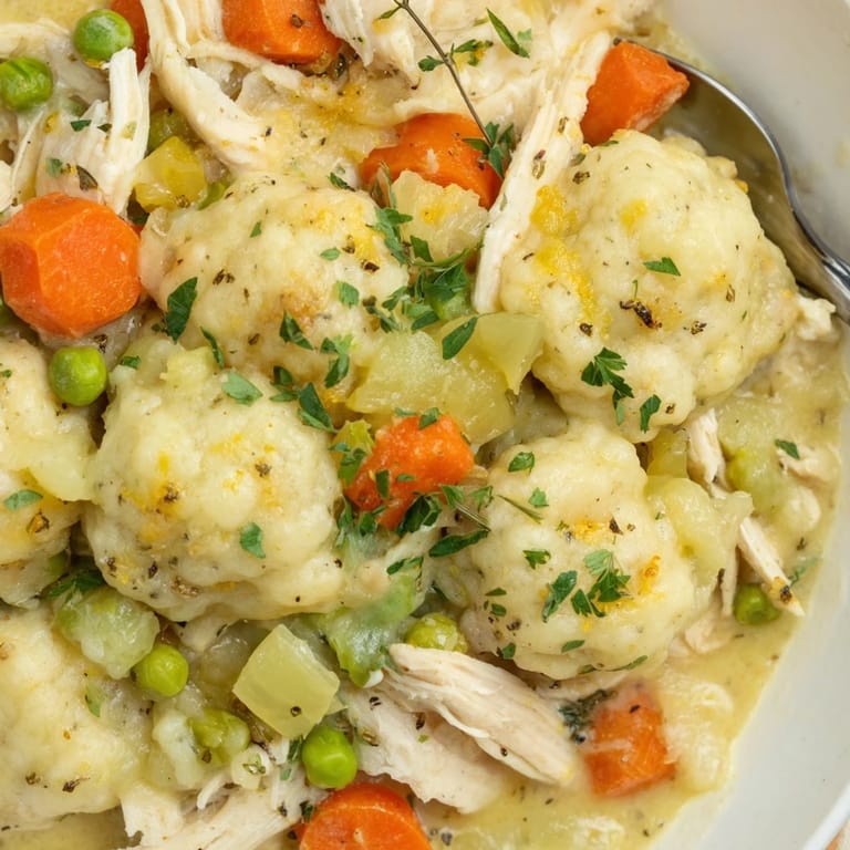 Creamy Chicken and Dumplings Casserole with tender chicken, fresh veggies, and herbs.  