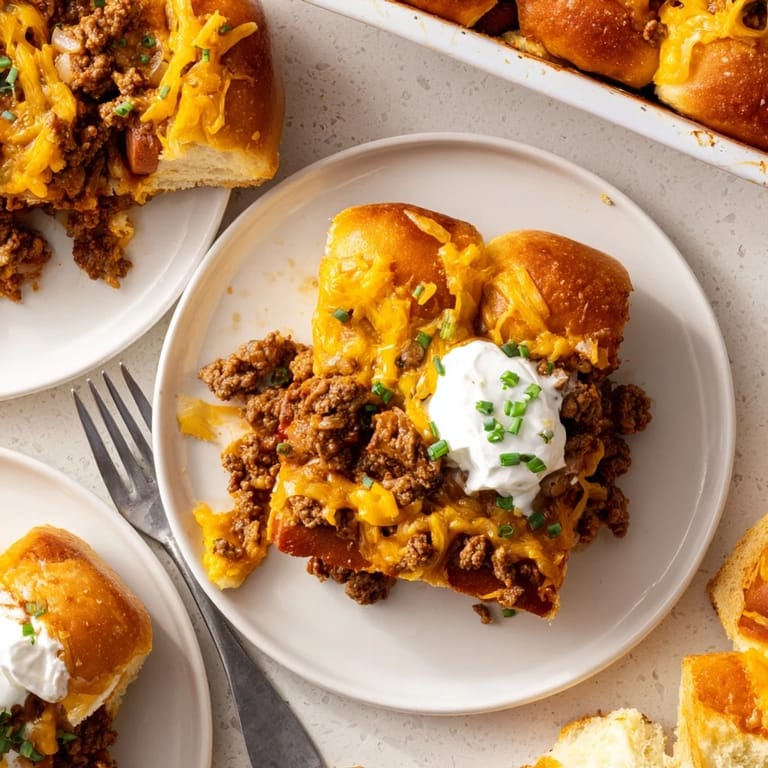 Savory Chili Dog Casserole layered with cheddar cheese and sliced beef hot dogs.