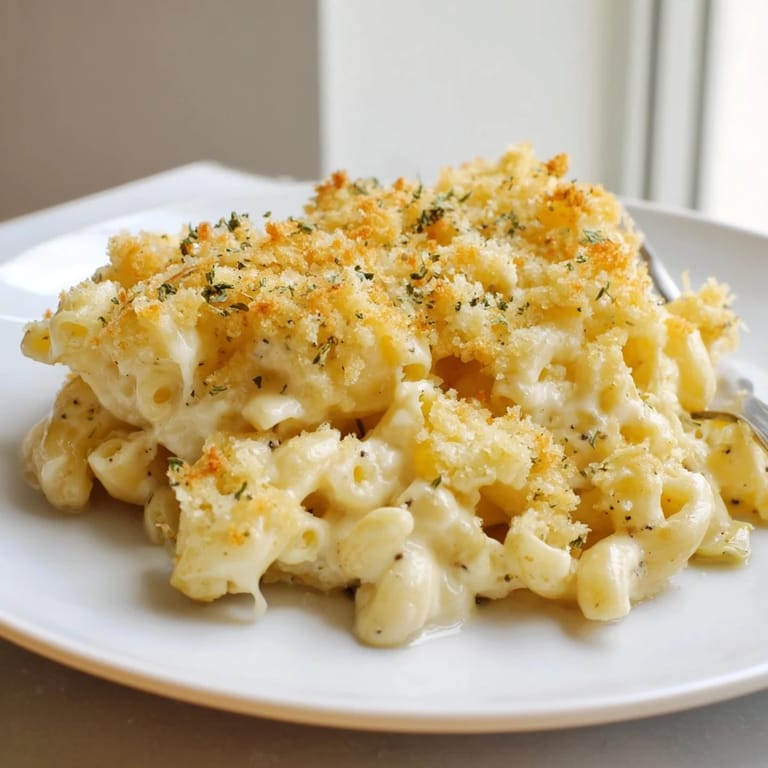Golden-baked Truffle Macaroni and Cheese, a rich, indulgent comfort food favorite.