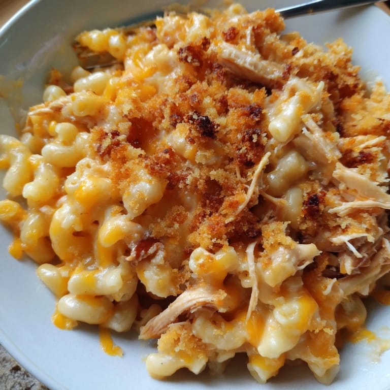 Savory Classic Mac & Cheese with BBQ Chicken, seasoned chicken and rich cheese sauce combined.