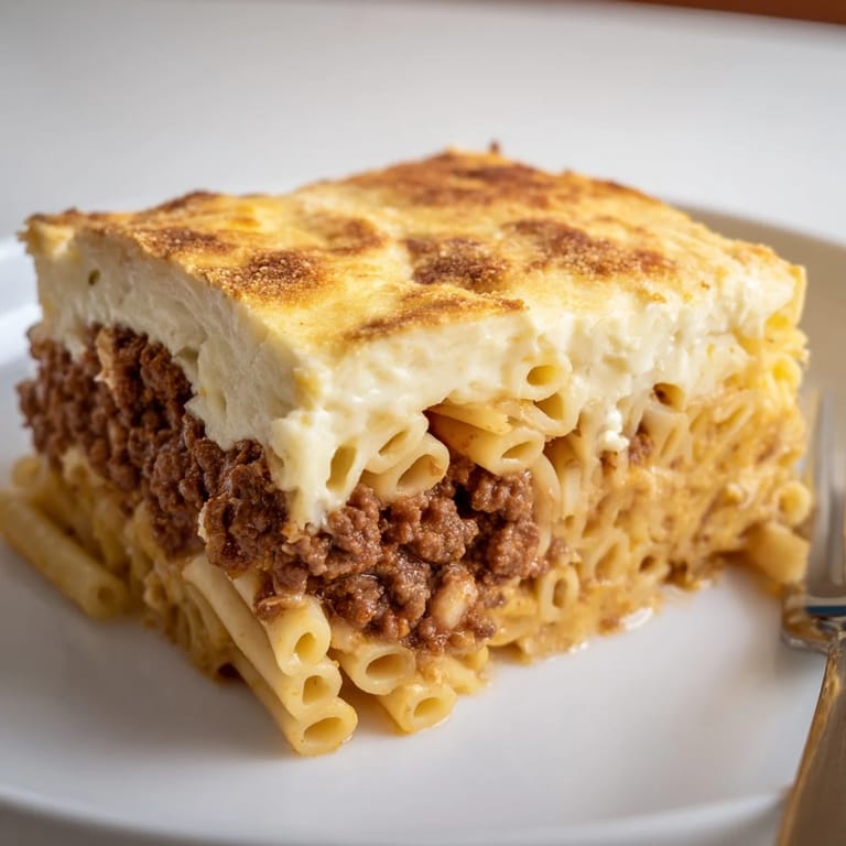 Satisfying Greek Pastitsio served warm, topped with buttery béchamel sauce.