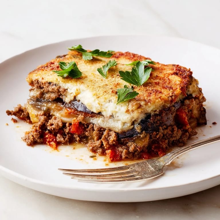 Savor the rich flavors of Moussaka with Beef & Eggplant, a comforting Greek dish.  