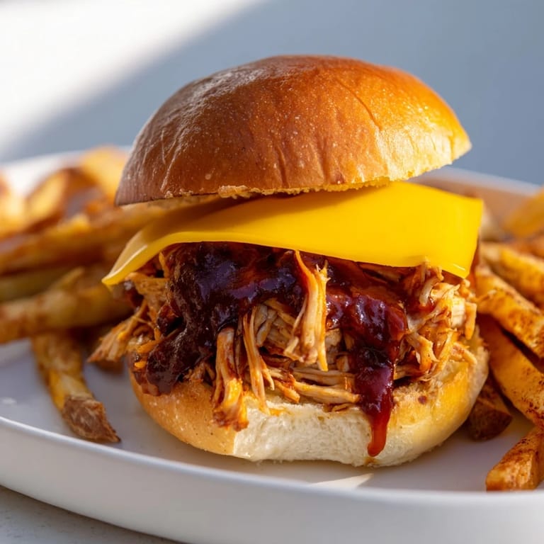 Mouth-watering BBQ Chicken Sliders on toasted buns with melty cheddar, ready to be devoured with crispy fries.