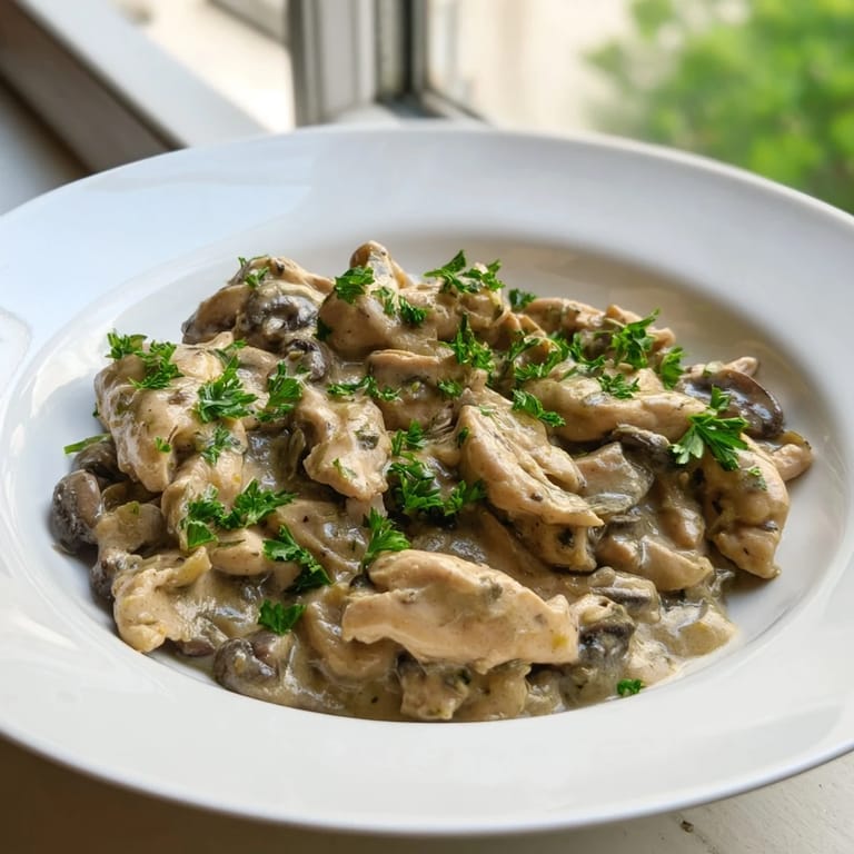 A steaming bowl of Creamy Chicken Stroganoff: savor the creamy sauce and perfectly cooked chicken.