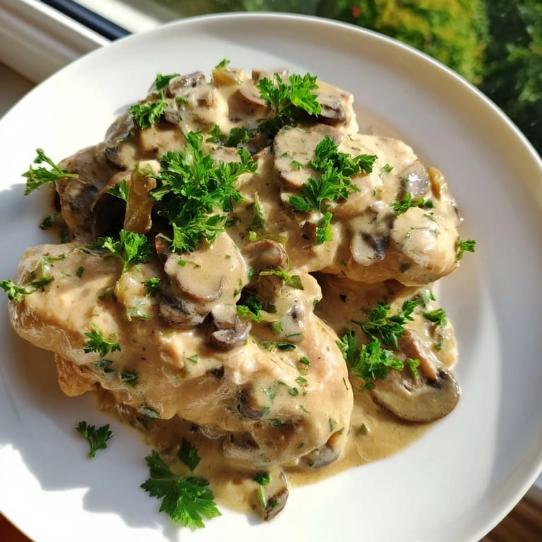 Imagine a comforting plate of Creamy Chicken Stroganoff, topped with fresh parsley for a flavorful delight.