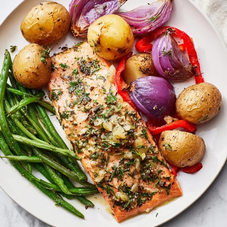 Zesty aromas emanate from this easy, flavorful Lemon Herb Salmon & Potato Sheet Pan dinner recipe.