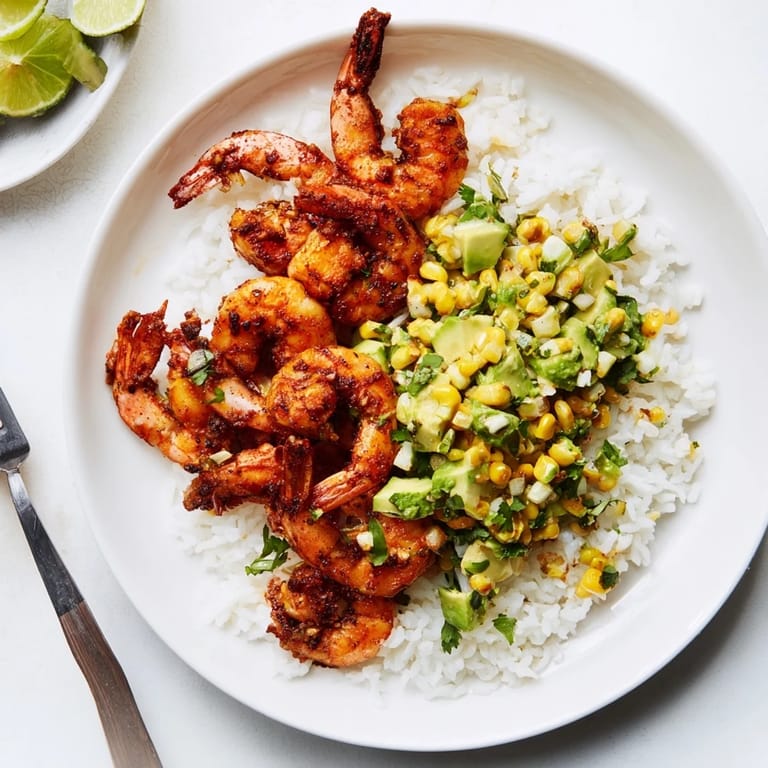 Enjoy a Southwestern-style Blackened Shrimp Bowl, piled high with rice and garnished with lime wedges.