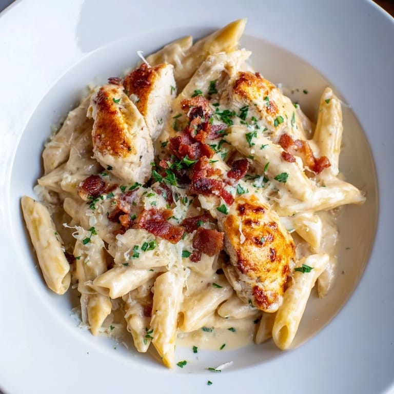 A close-up of Ranch Chicken & Bacon Penne, showcasing the rich, creamy sauce coating the pasta.
