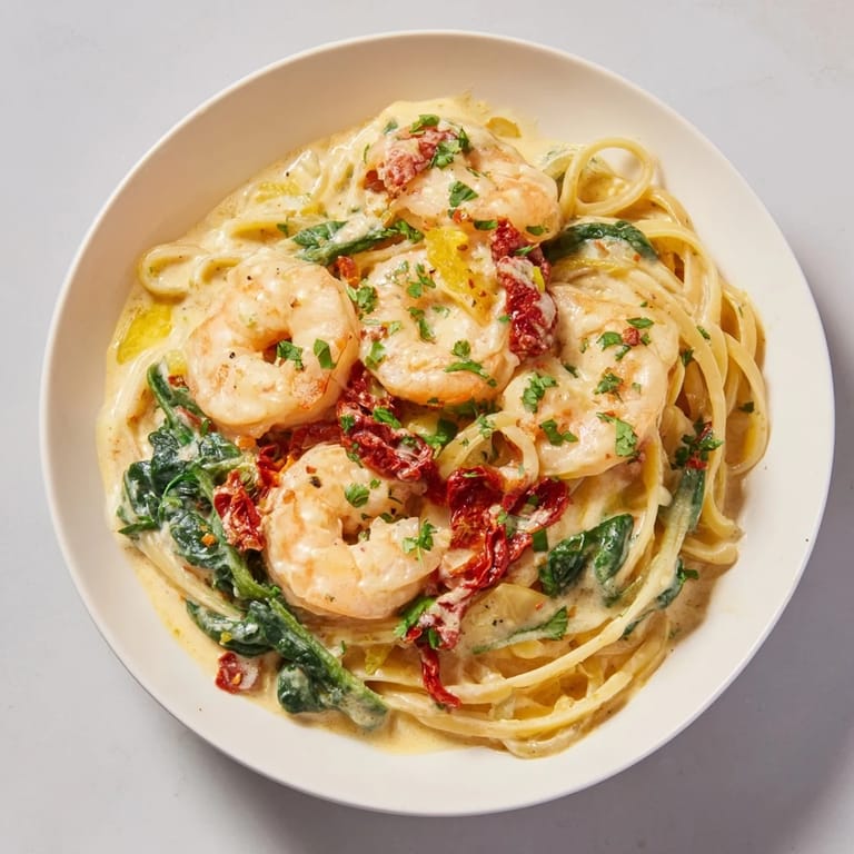 Delicious Tuscan Garlic Shrimp Pasta with shrimp and spinach in a rich, creamy Parmesan sauce.