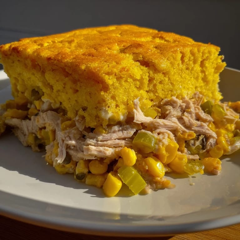 Deliciously baked Southern Cornbread Chicken Casserole, showcasing a fluffy cornbread topping and tender chicken.