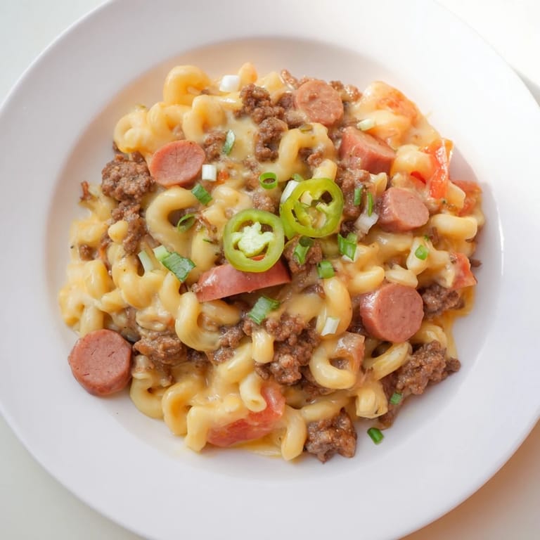 A close-up of a flavorful Chili Cheese Dog Mac & Cheese dish, garnished and ready to eat.