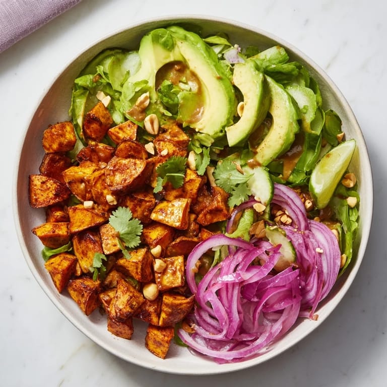 This Spiced Peanut Sweet Potato Salad Bowl shows off vibrant colors, textures, and a delicious peanut dressing drizzle.