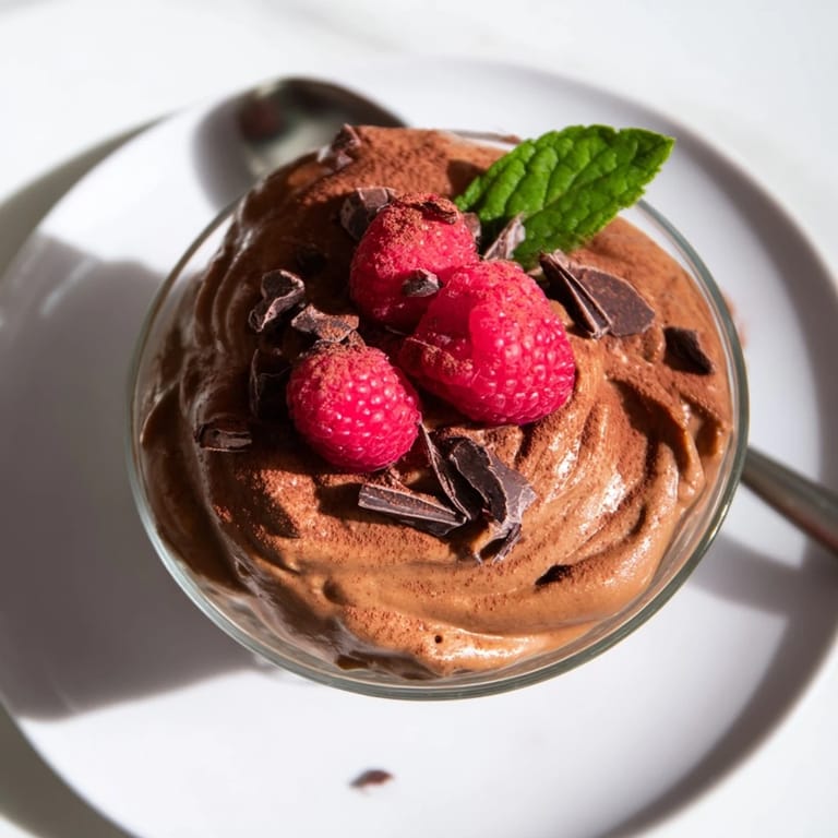 Creamy avocado chocolate mousse with a scattering of fresh raspberries, a healthy and delicious treat.