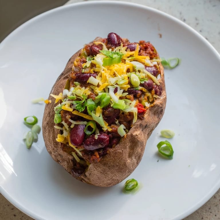 A close-up of a loaded Chili-Style Baked Potato, showcasing the rich chili and fluffy potato inside.