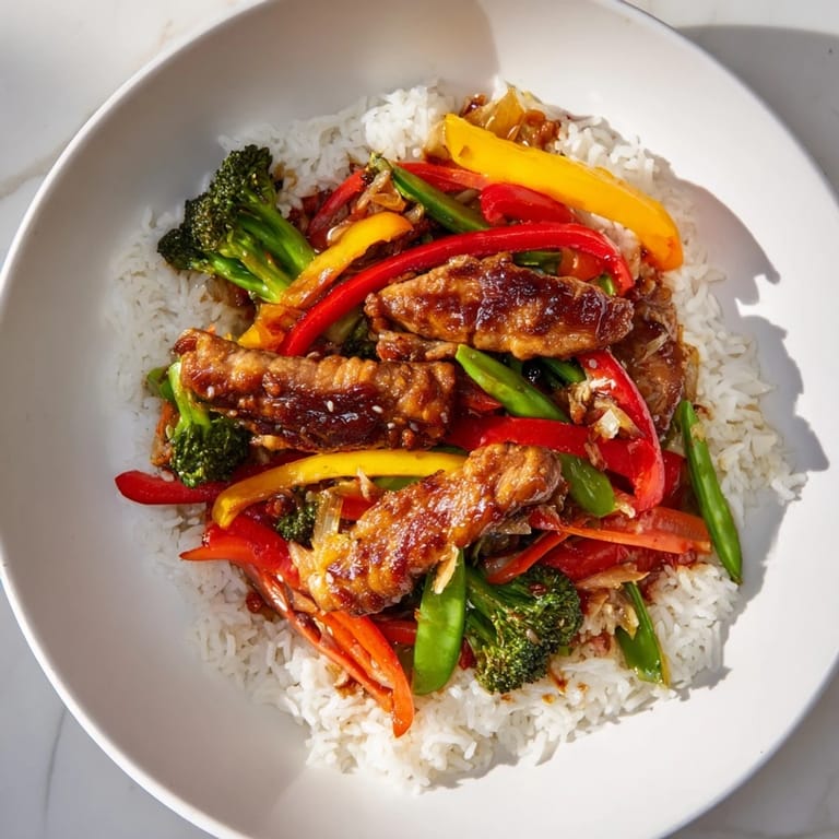 Perfectly cooked Chicken Stir-Fry with rice—a flavorful, quick dinner idea, ready to eat!