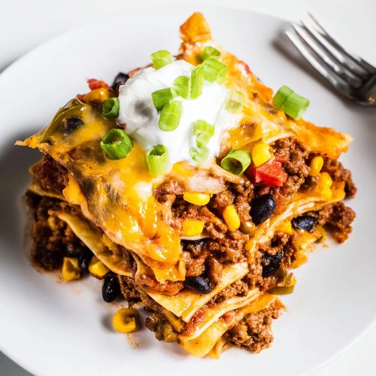 A bubbling, golden-brown Taco Lasagna, fresh from the oven, offering a comforting aroma.