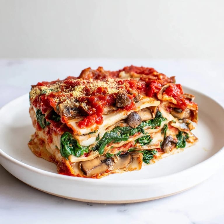 Savory and flavorful, the vegan mushroom spinach lasagna is baked to golden perfection for dinner.