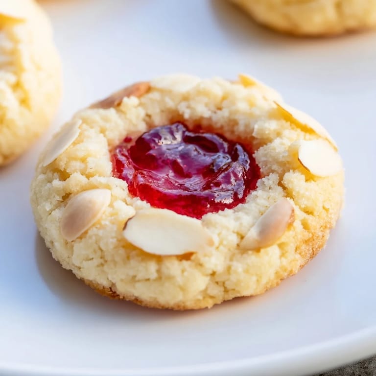 Buttery baked cherry almond thumbprint cookies, with a thumbprint indentation holding a cherry jam dollop.