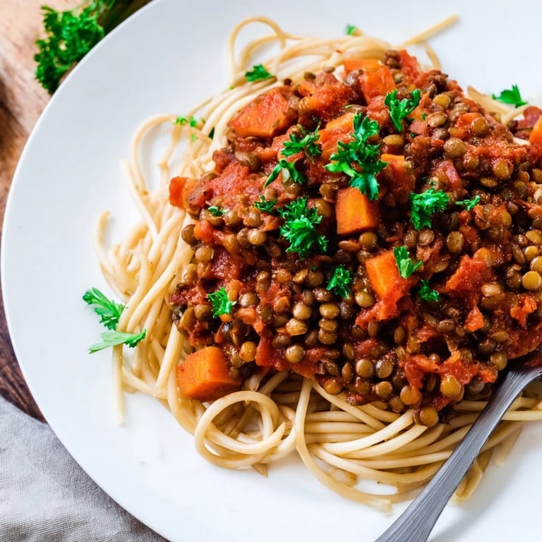 Freshly garnished Hearty Lentil Bolognese, a hearty vegan meal, perfect for a cozy dinner.