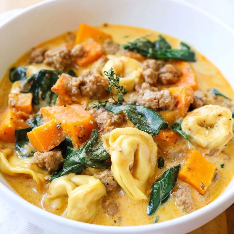 Garnished with fresh thyme, this Creamy Sausage Tortellini Soup offers savory and satisfying flavors.