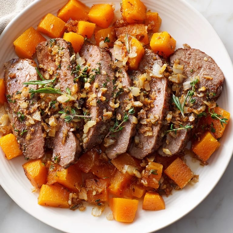 Savory slices of garlic-herb steak alongside roasted butternut squash in these colorful bowls.