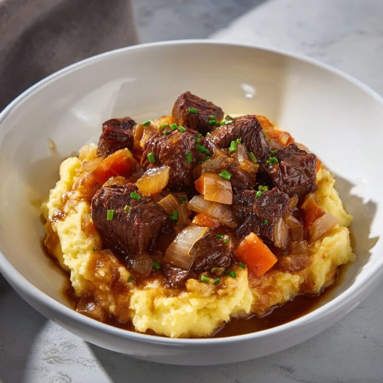 Fork-tender beef swimming in rich sauce, ladled over cheddar mashed potatoes: Fall Apple Cider Stew Mash.