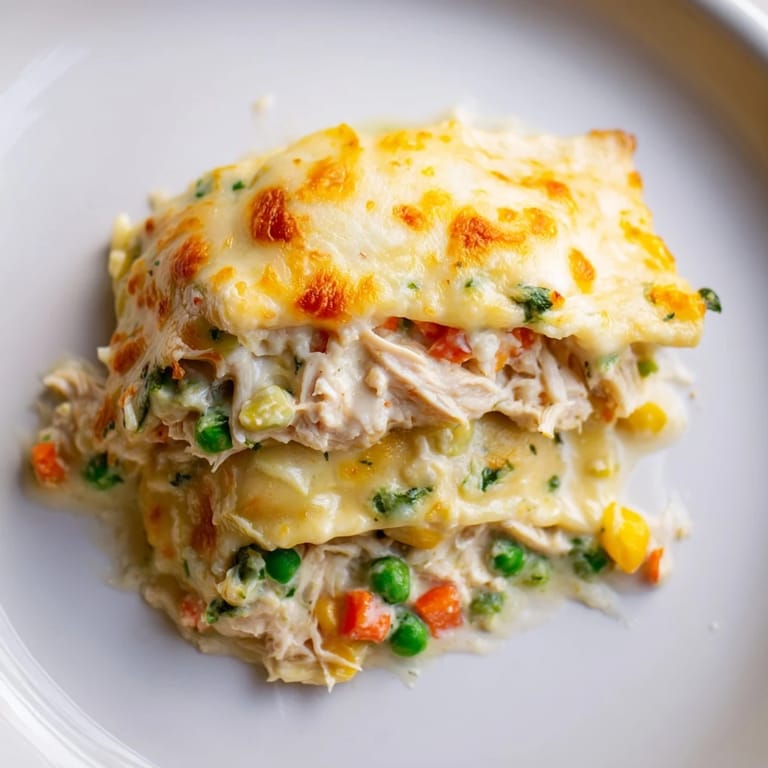 A close-up of a bubbling Chicken Pot Pie Ravioli Bake, ready to serve and enjoy for dinner tonight.
