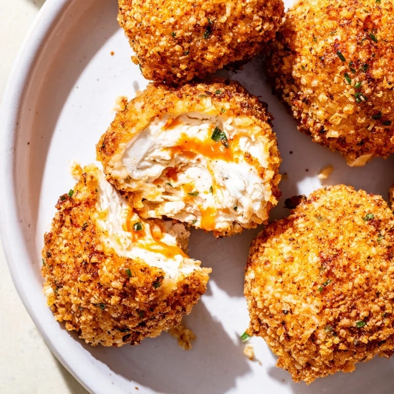 Close-up of crispy Air Fryer Spicy Ranch Chicken Croquettes with visible textures, ready to eat.