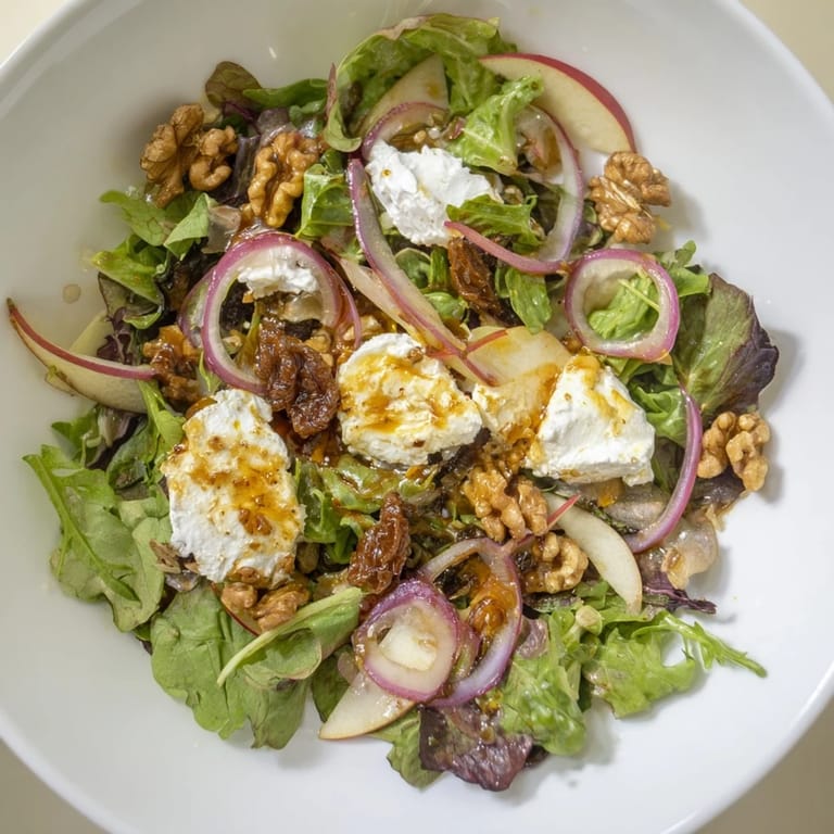 This Spiced Honey and Date Goat Cheese Salad features colorful ingredients and walnut crumbles, ready to eat alongside a light entrée.
