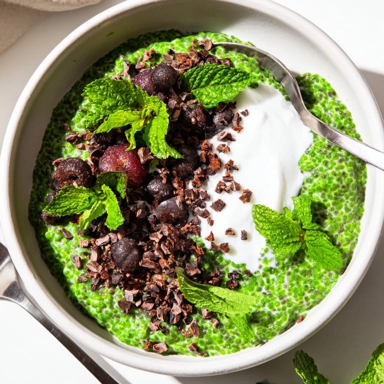 Enjoy a healthy serving of Grinch Green Mint Matcha Breakfast Chia Pudding, layered with crunchy granola.