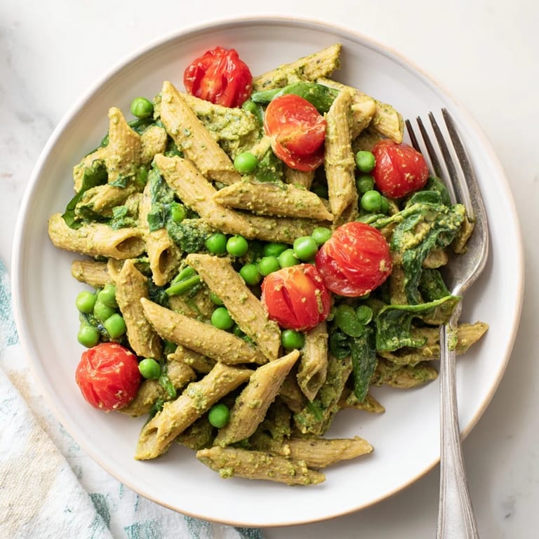 This creamy One-Pot Creamy Pesto Pea Protein Pasta includes tender vegetables and vibrant green pesto.