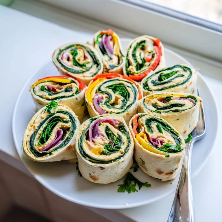 These festive Roasted Veggie & Hummus Candy Cane Wraps display colorful roasted vegetables rolled up for a snack.