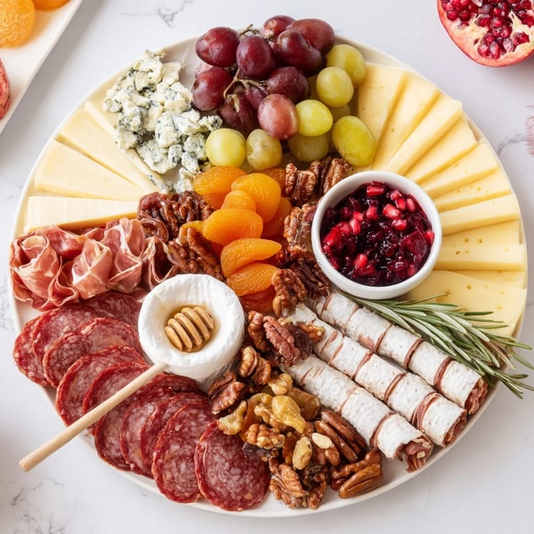 Close-up of a festive Christmas 2025 Grazing Board, perfect for holiday parties with many delicious appetizers.