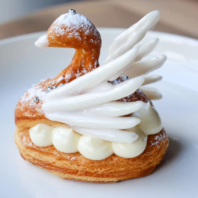 Enjoy a close-up of these exquisite Elegant Swan Petit Fours, a French dessert centerpiece.