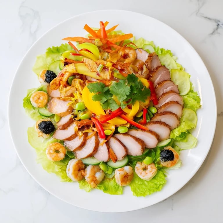 A festive Lunar New Year Dragon Platter, featuring shrimp and potstickers, artfully arranged on a serving board.