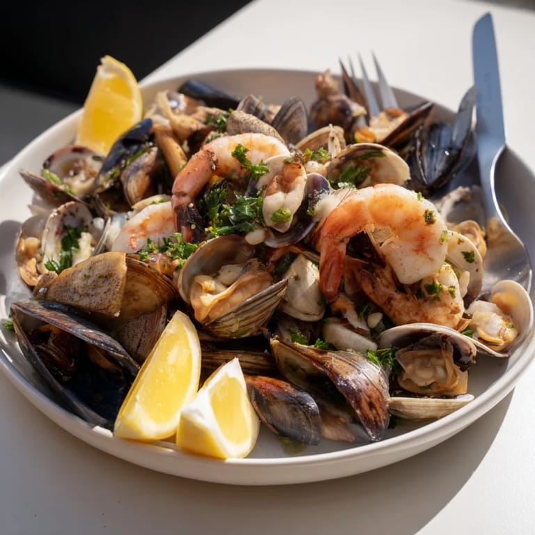 Freshly steamed Shellfish & Seafood Medley displayed with lemon wedges, a fragrant and flavorful main course.