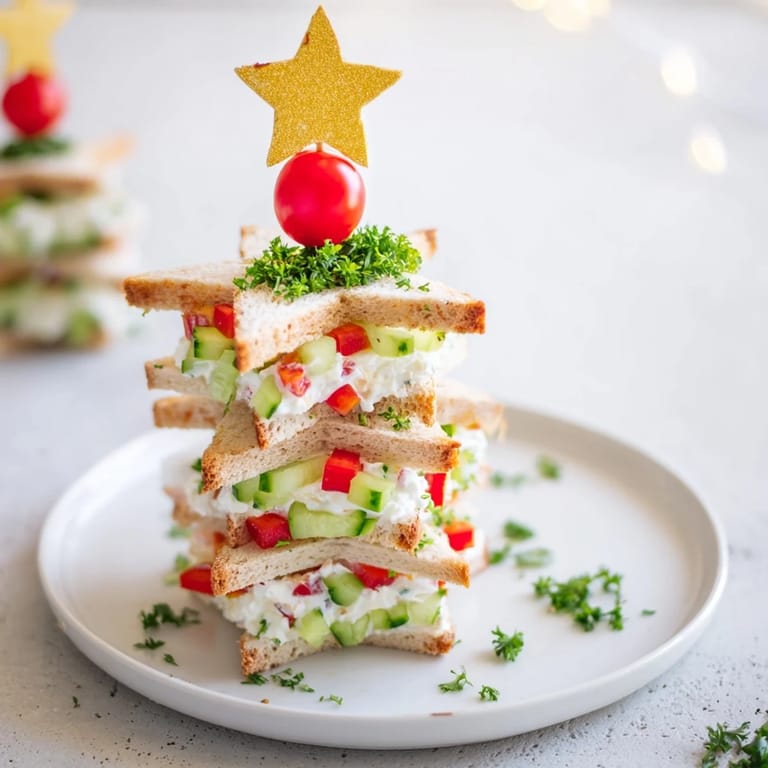 Delicious bite of holiday Stacked Star Christmas Tree Sandwiches: layered star-shaped sandwiches with fresh herbs.