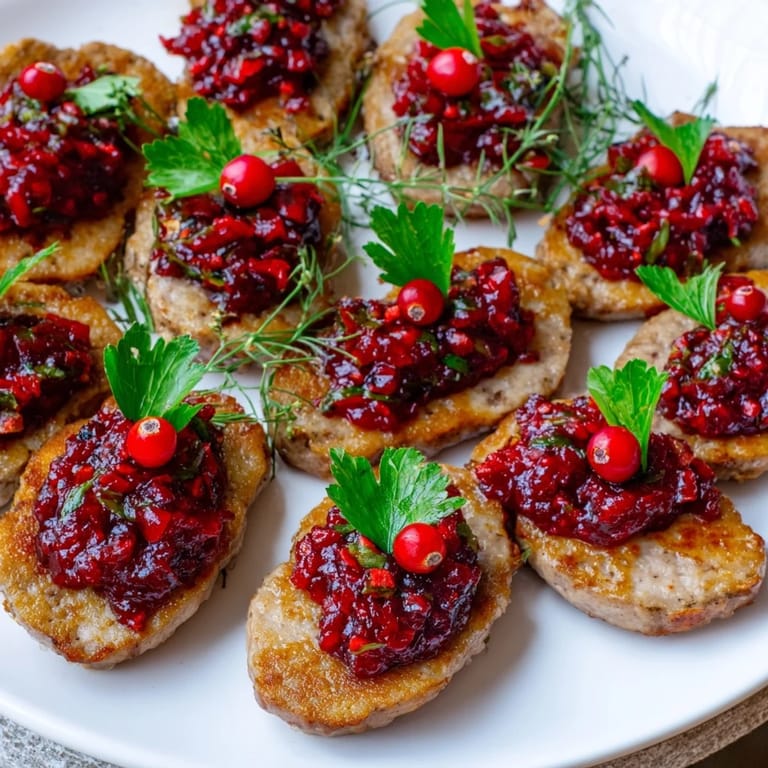 Close-up of savory Festive Holly Berry Sausage Bites, perfect for a party, showing fresh cranberry garnish.