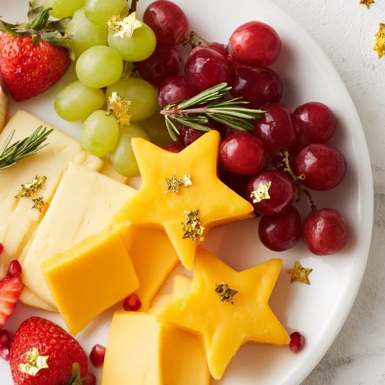 Vibrant photo displays a delicious Happy New Year Star Board with cheese stars, crackers, and dips.