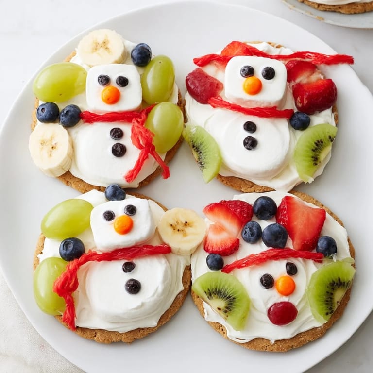 Festive and fun melting snowman fruit pizza, a delicious dessert with a sugar cookie base.