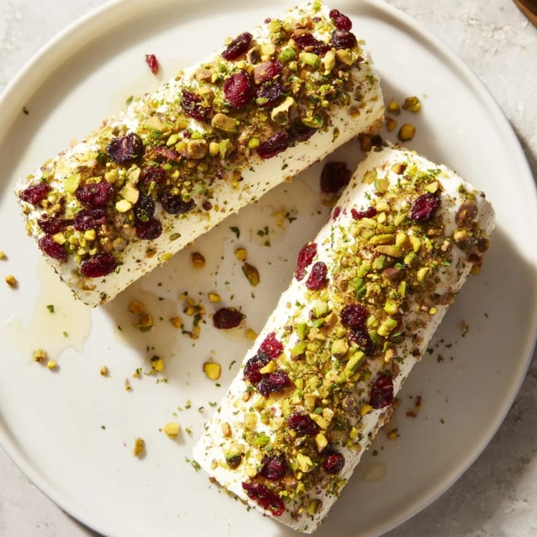 Delicious cranberry goat cheese logs are arranged on a board, alongside crackers, honey, and nuts for grazing.