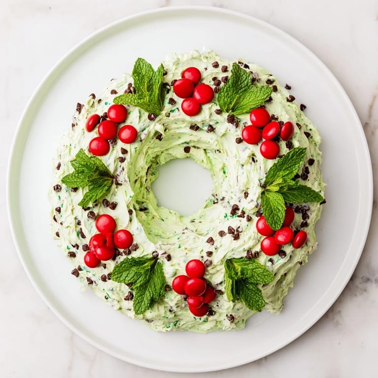 A beautiful holiday Mint Chocolate Chip Dip Wreath swirled and decorated for dipping cookies.