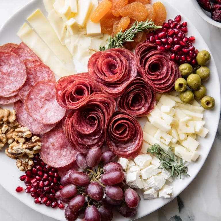Holiday appetizer featuring a vibrant charcuterie assortment with a delicious meat rose bouquet and fresh herbs.