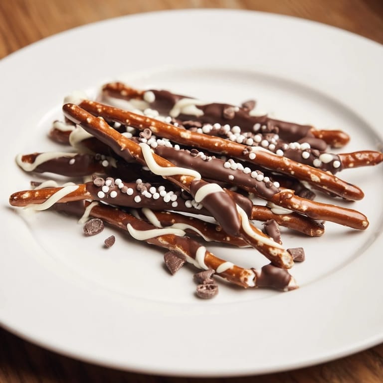 Melted semi-sweet chocolate coats pretzel stick stacks, topped with sprinkles and ready to enjoy.