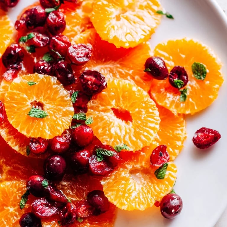 Close-up of a bright orange slices and cranberry salad drizzled with honey, ready to serve.