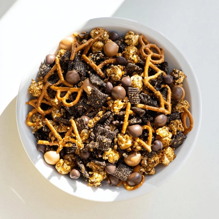 Crunchy Gold and Black Midnight Snack Mix, baked to perfection with sweet and salty flavors.