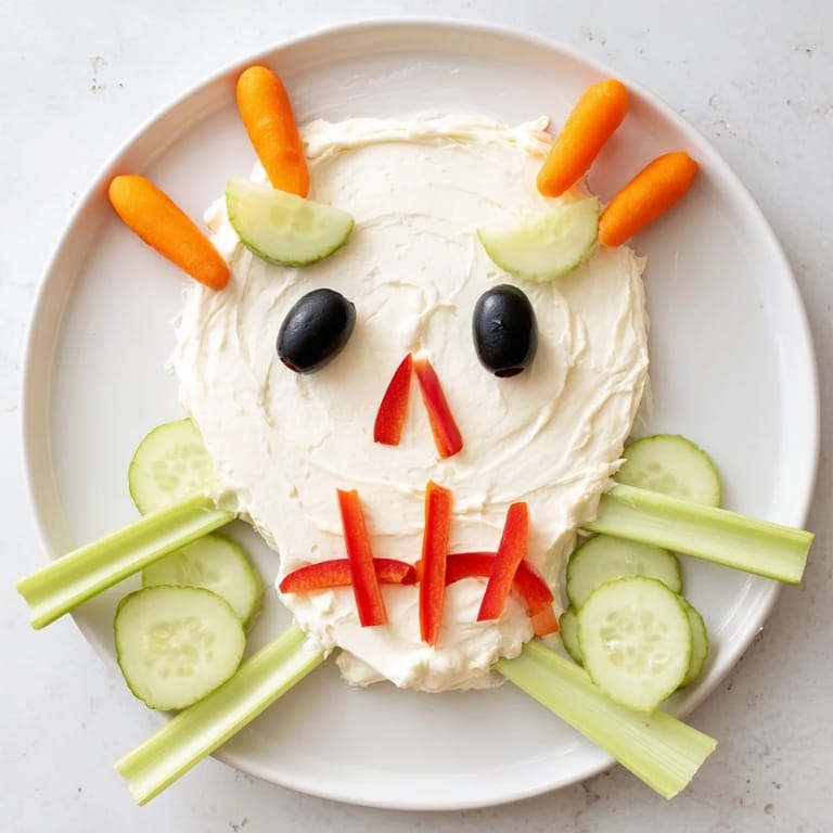 This festive Skull & Bones Spooky Spread features a creamy base and colorful vegetable decoration for Halloween.