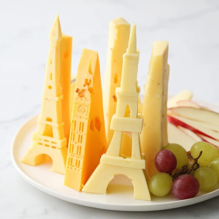 Visually stunning Skyline Silhouette cheese board offering architectural cheese shapes with fruit and crackers.